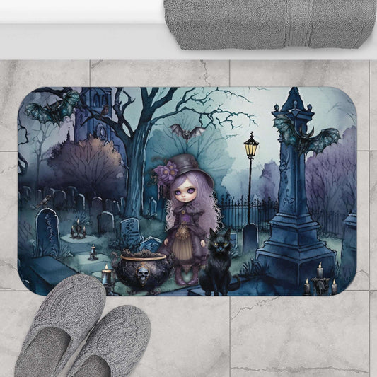 Dark Spooky Bath Mat | Witch Cemetery Black Cat Bathroom Rug | Dark Scary Themed Bath Decor | "Witch Amongst the Dead"