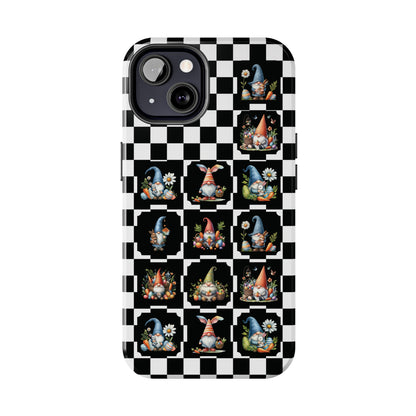 Check Pattern Easter Tough iPhone Case | Spring Easter Gnomes Phone Cover | Gnome Themed iPhone Accessories | "Springtime Check Gnomies"