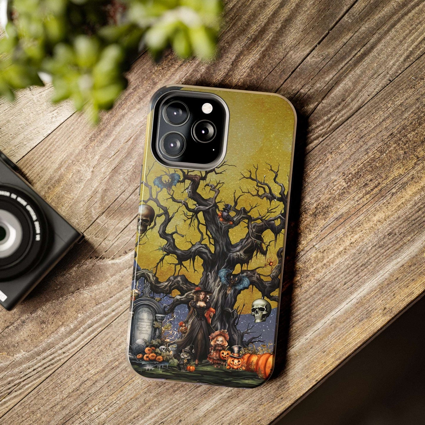 Autumn Fall Gothic Tough iPhone Case | Witch Cemetery Skulls Little Girl Phone Cover | Dark Scary Themed iPhone Accessories | "Autumn Moon"