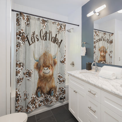 Rustic Farmhouse Shower Curtain | Highland Cow Woodprint Bathroom | Cow Themed Bath Decor | "Highland Nudity"