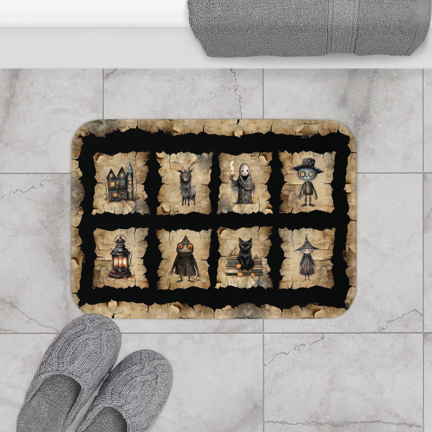 Halloween Images Bath Mat | Spooky Bathroom Rug | Rustic Halloween Themed Bath Decor | "Hallowglyphs"