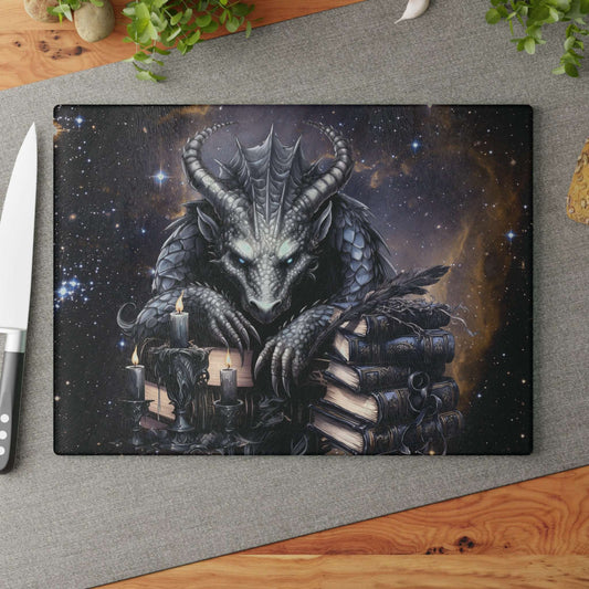 Ethereal Fantasy Style Glass Cutting Board | Black Gargoyle Starry Sky Kitchen Decor | Supernatural  Themed Home Accents | "Knowledge is Power"