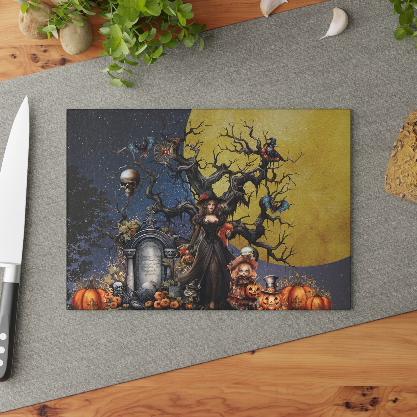 Autumn Fall Gothic Glass Cutting Board | Witch Cemetery Skulls Little Girl Kitchen Decor | Dark Scary Themed Home Accents | "Autumn Moon"