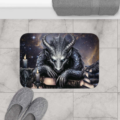 Ethereal Fantasy Style Bath Mat | Black Gargoyle Starry Sky Bathroom Rug | Supernatural Themed Bath Decor | "Knowledge is Power"