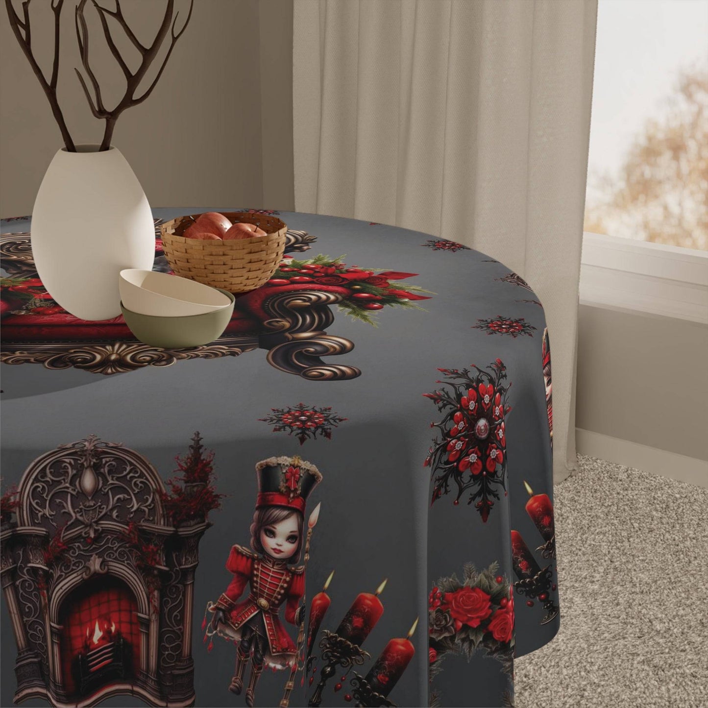 Black and Red Christmas Tablecloth | Black Cat Soldier Fireplace Kitchen Table Cover | Dark Goth Themed Holiday Decor | "A Gothic Christmas"