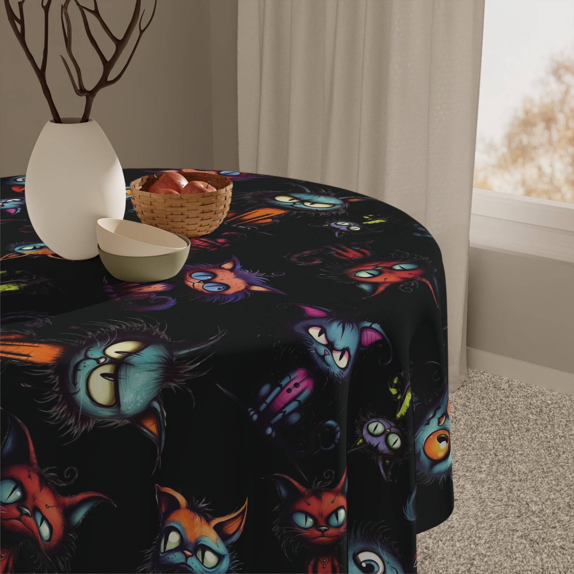 Scary Cartoon Style Cat Tablecloth | Spooky Kitties Kitchen Table Cover | Cat Art Themed Dining Decor | "Feline Combine"