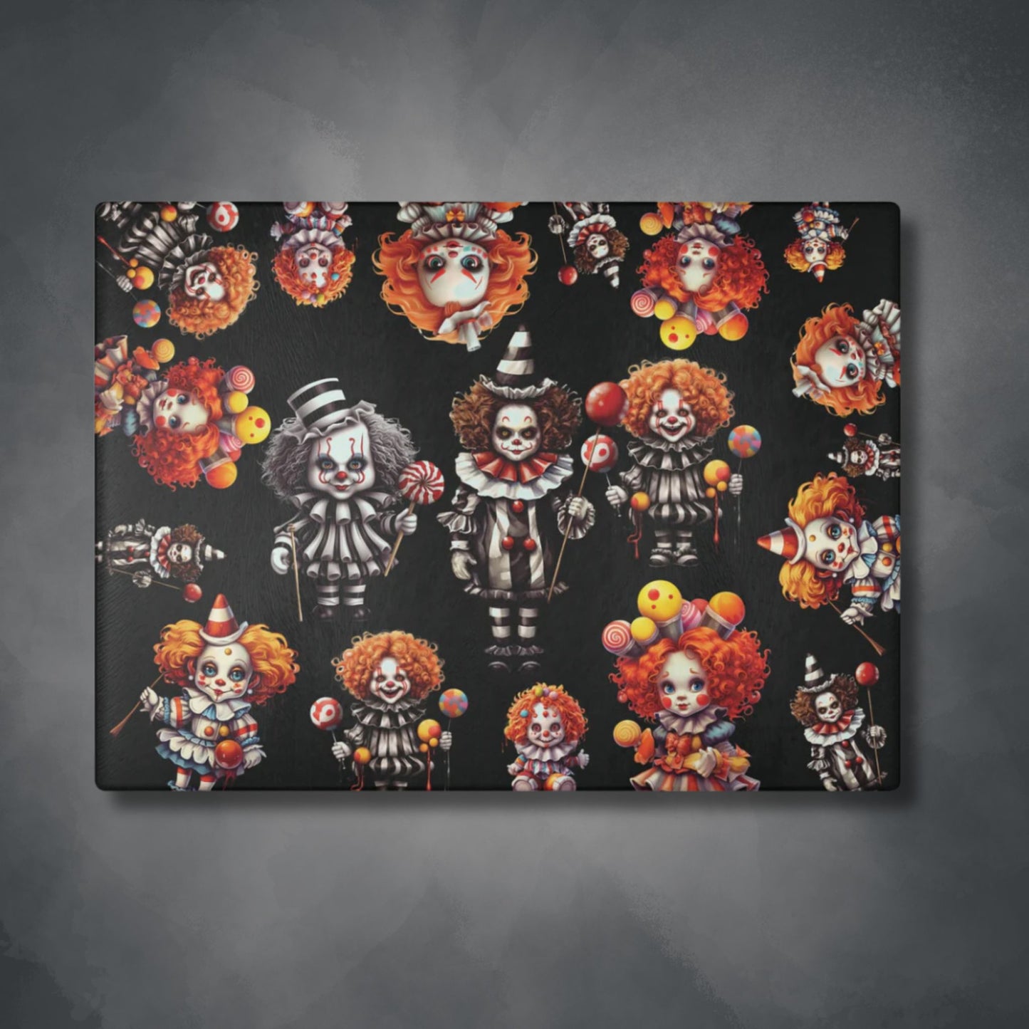 Scary Clowns Glass Cutting Board | Spooky Clown Kids Kitchen Decor | Horror Themed Home Accents | "Want Some Candy?"