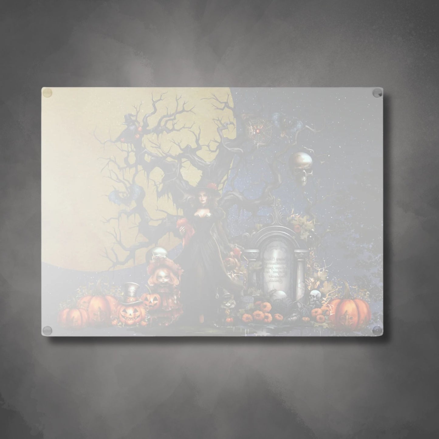 Autumn Fall Gothic Glass Cutting Board | Witch Cemetery Skulls Little Girl Kitchen Decor | Dark Scary Themed Home Accents | "Autumn Moon"