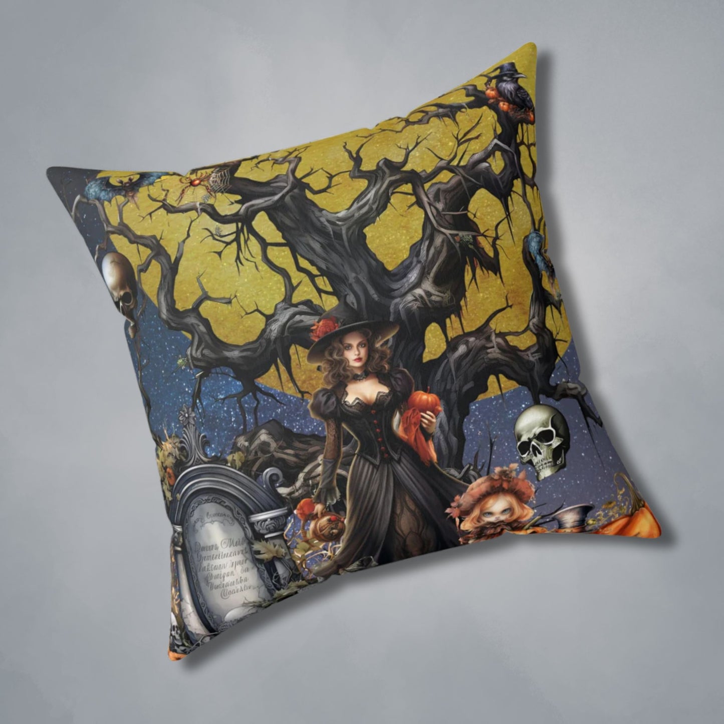 Autumn Fall Gothic Throw Pillow or Pillowcase | Witch Cemetery Skulls Girl Decorative Pillow | Dark Scary Themed Home Decor | "Autumn Moon"