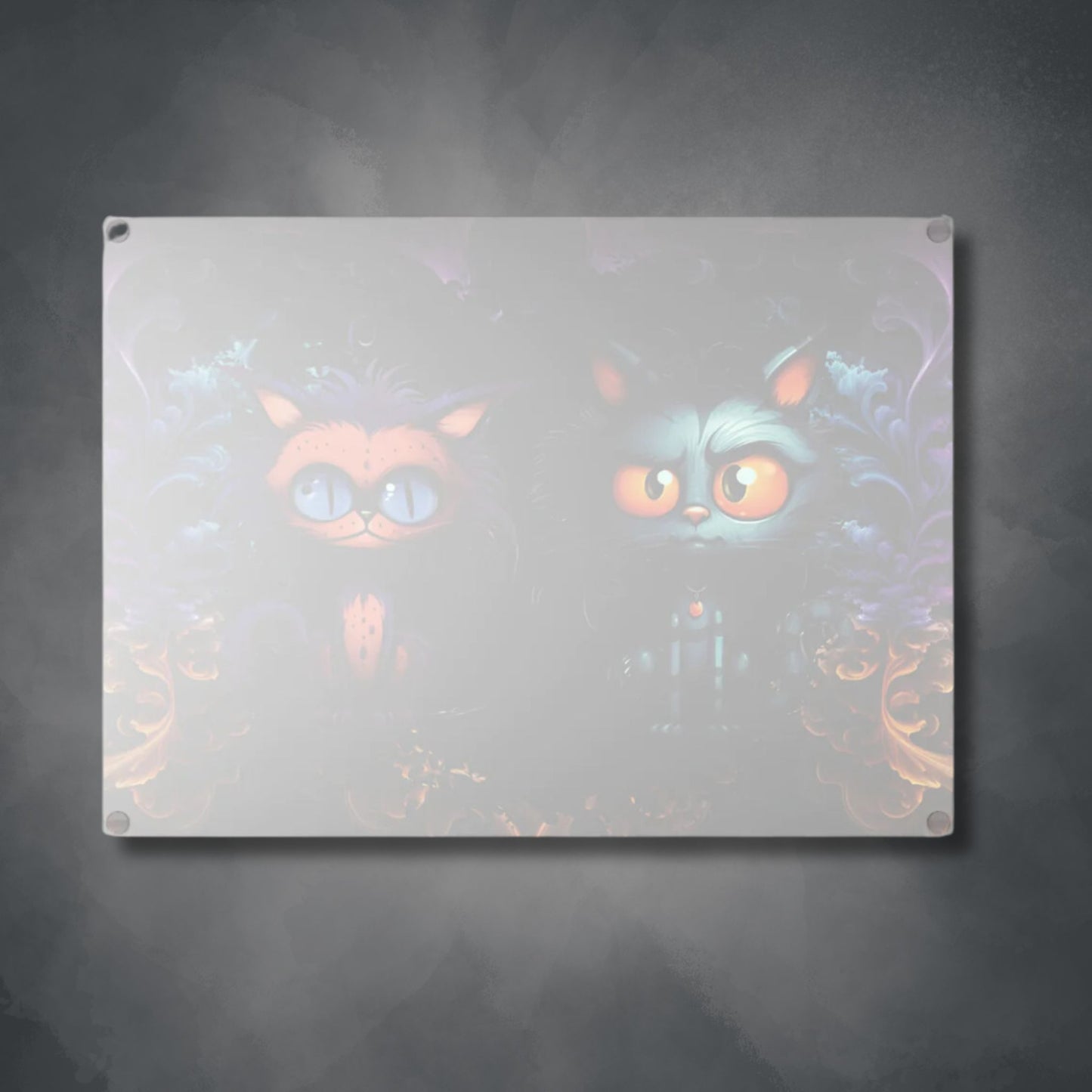 Scary Cartoon Style Cat Glass Cutting Board | Spooky Kitties Kitchen Decor | Cat Art Themed Home Accents | "Feline Combine"