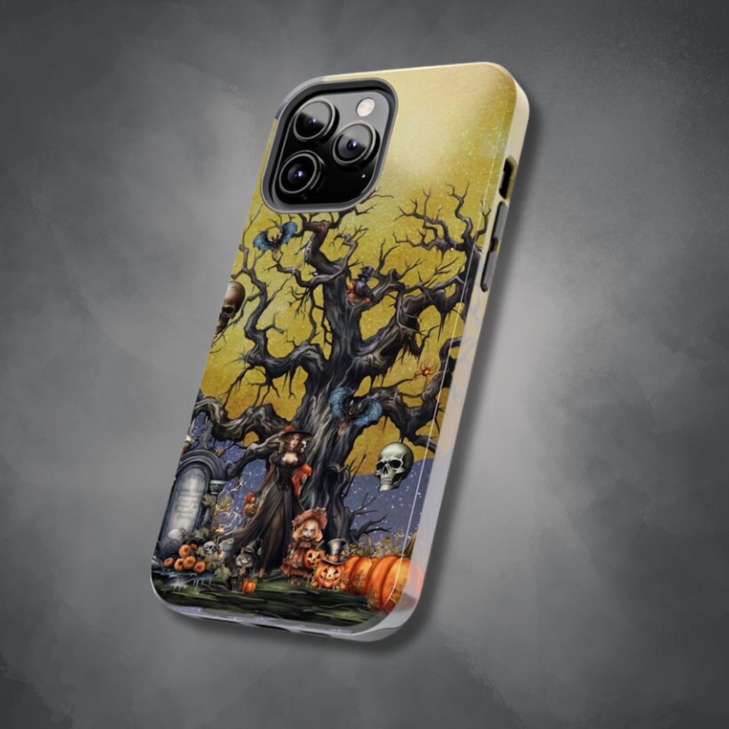 Autumn Fall Gothic Tough iPhone Case | Witch Cemetery Skulls Little Girl Phone Cover | Dark Scary Themed iPhone Accessories | "Autumn Moon"