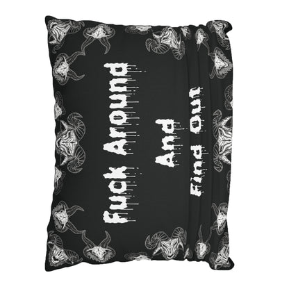 Goats Horns Warning Message Black Throw Pillow or Pillowcase | Fuck Around Find Out Decorative Pillow | Horror Themed Home Decor | "Fuck Around"