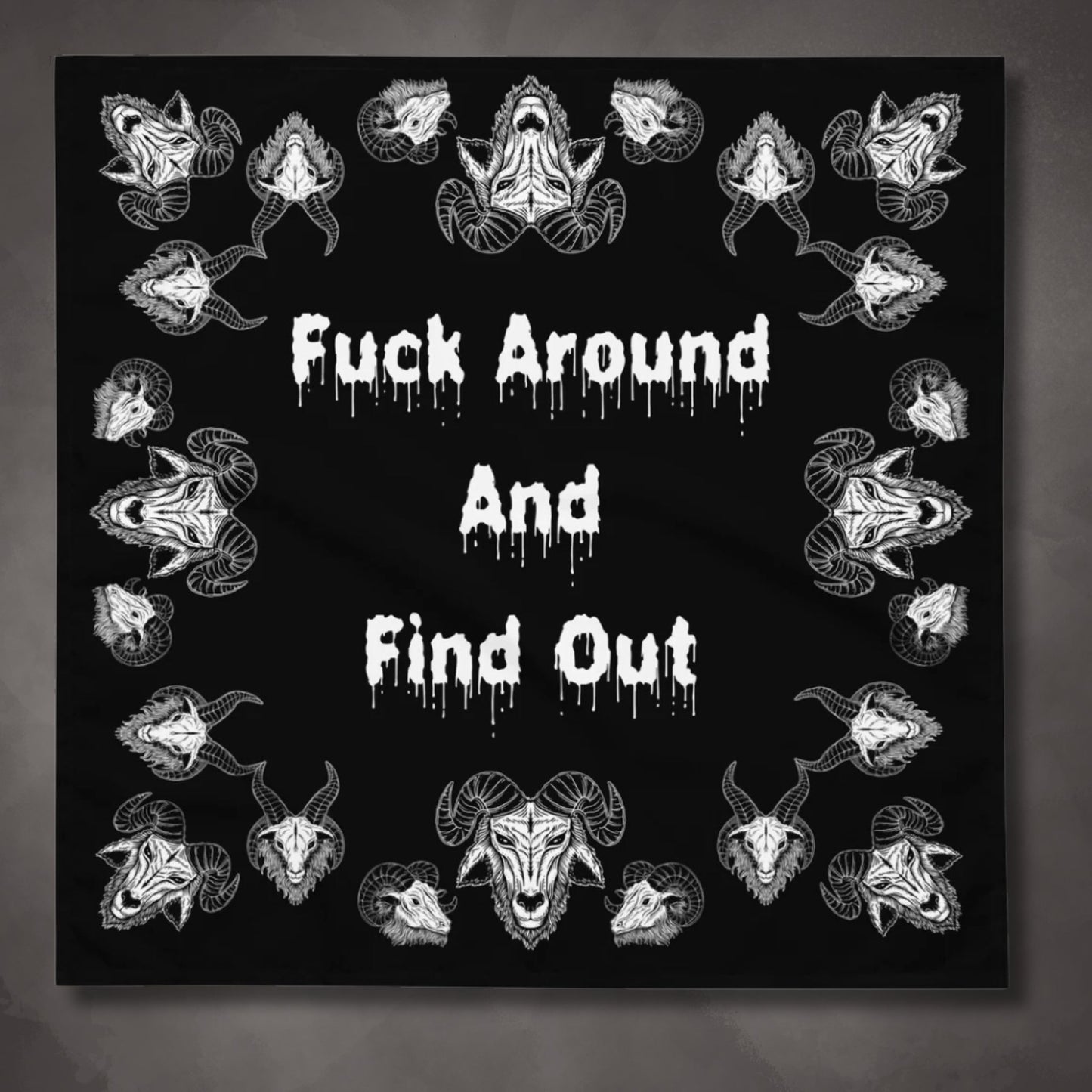 Goats Horns Warning Message Black Altar Cloth | Fuck Around Find Out Tarot Cloth | Horror Themed | "Fuck Around"