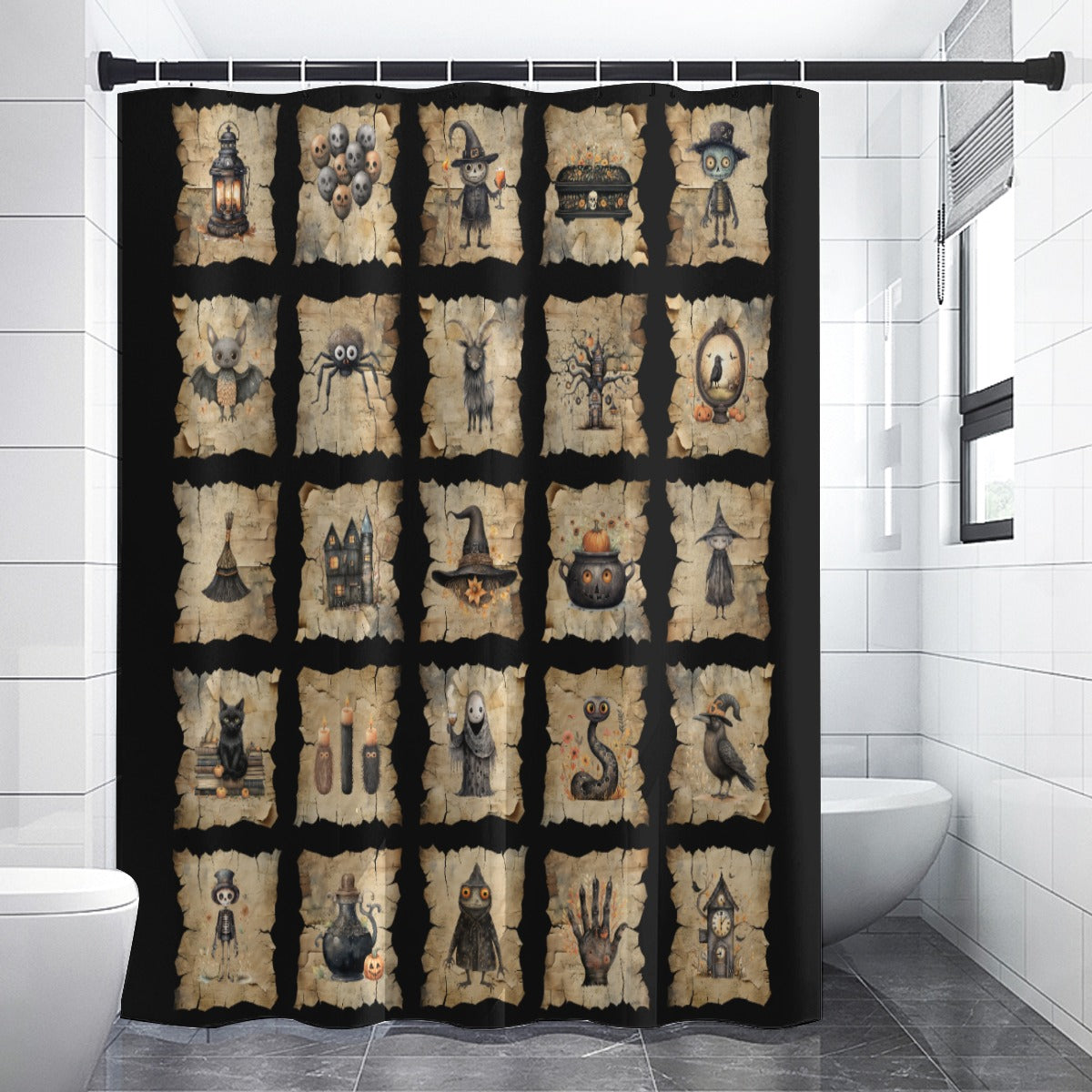 Halloween Images Shower Curtain | Spooky Bathroom | Rustic Halloween Themed Bath Decor | "Hallowglyphs"