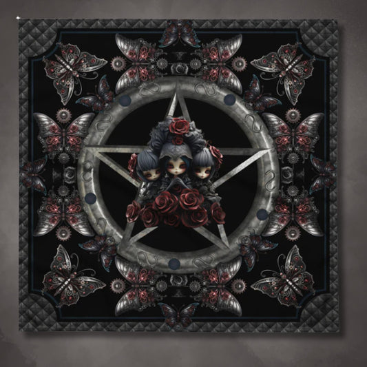 Dark Gothic Steampunk Altar Cloth | Steel Metal Roses Butterflies Tarot Cloth | "Heavy Metal"