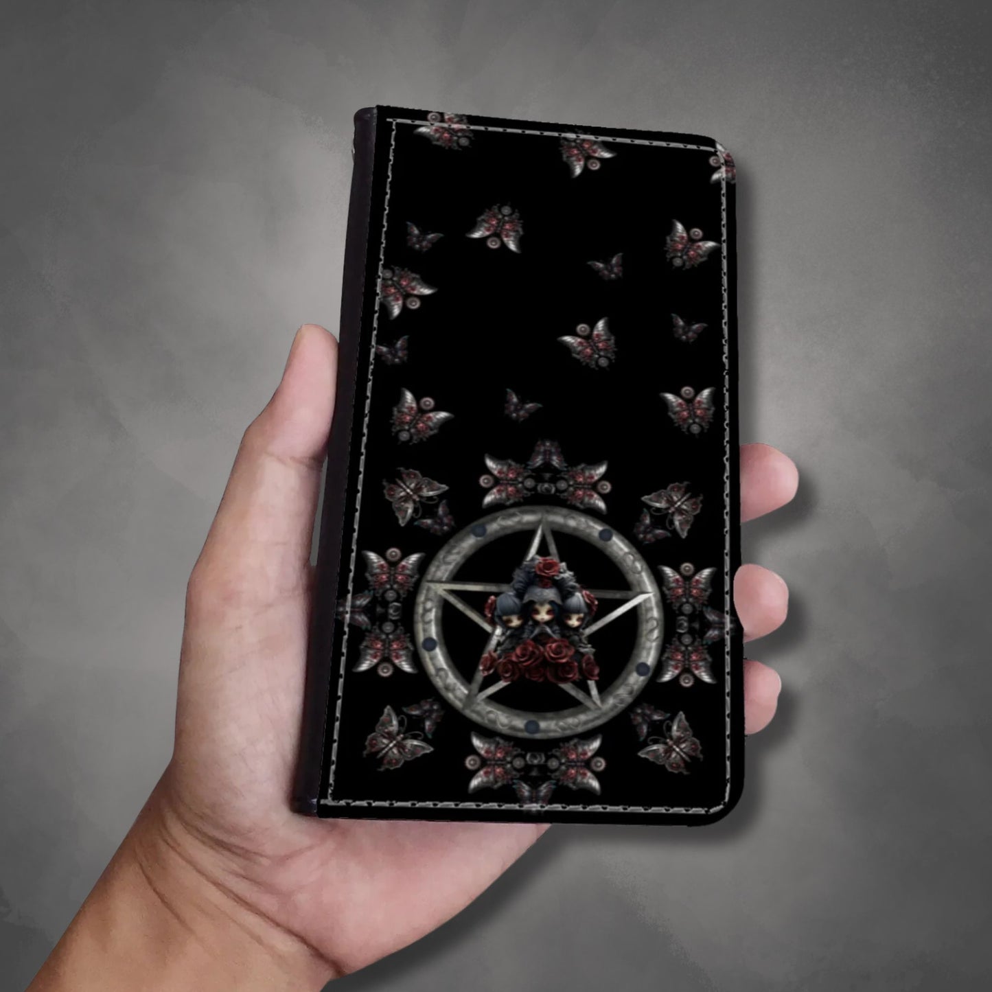 Dark Gothic Steampunk Wallet Phone Case | Steel Metal Roses Butterflies Phone Cover| Dark Goth Themed Phone Accessories | "Heavy Metal"