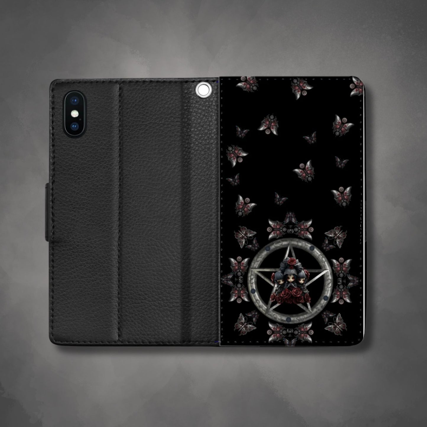 Dark Gothic Steampunk Wallet Phone Case | Steel Metal Roses Butterflies Phone Cover| Dark Goth Themed Phone Accessories | "Heavy Metal"