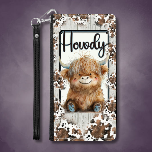 Rustic Farmhouse Wallet Phone Case | Highland Cow Woodprint Phone Cover| Cow Themed Phone Accessories | "Highland Howdy"