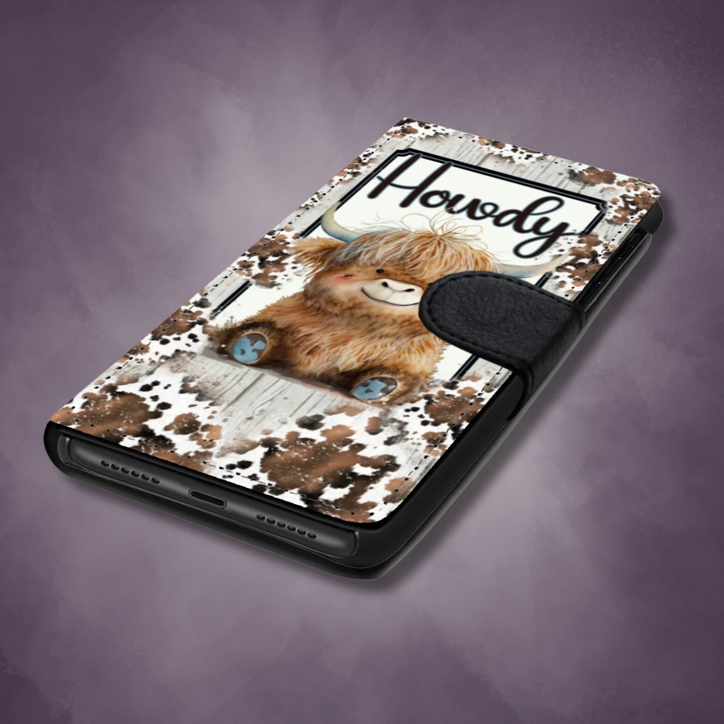 Rustic Farmhouse Wallet Phone Case | Highland Cow Woodprint Phone Cover| Cow Themed Phone Accessories | "Highland Howdy"