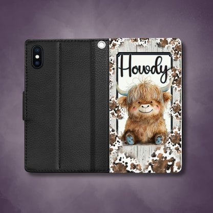 Rustic Farmhouse Wallet Phone Case | Highland Cow Woodprint Phone Cover| Cow Themed Phone Accessories | "Highland Howdy"