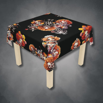 Scary Clowns Tablecloth | Spooky Clown Kids Kitchen Table Cover | Horror Themed Dining Decor | "Want Some Candy?"