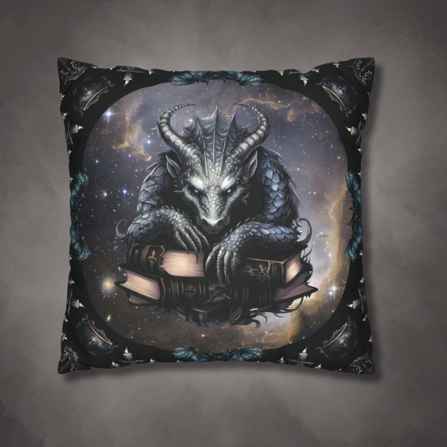 Ethereal Fantasy Style Throw Pillow or Pillowcase | Black Gargoyle Starry Sky Decorative Pillow | Supernatural Themed Home Decor | "Knowledge is Power"