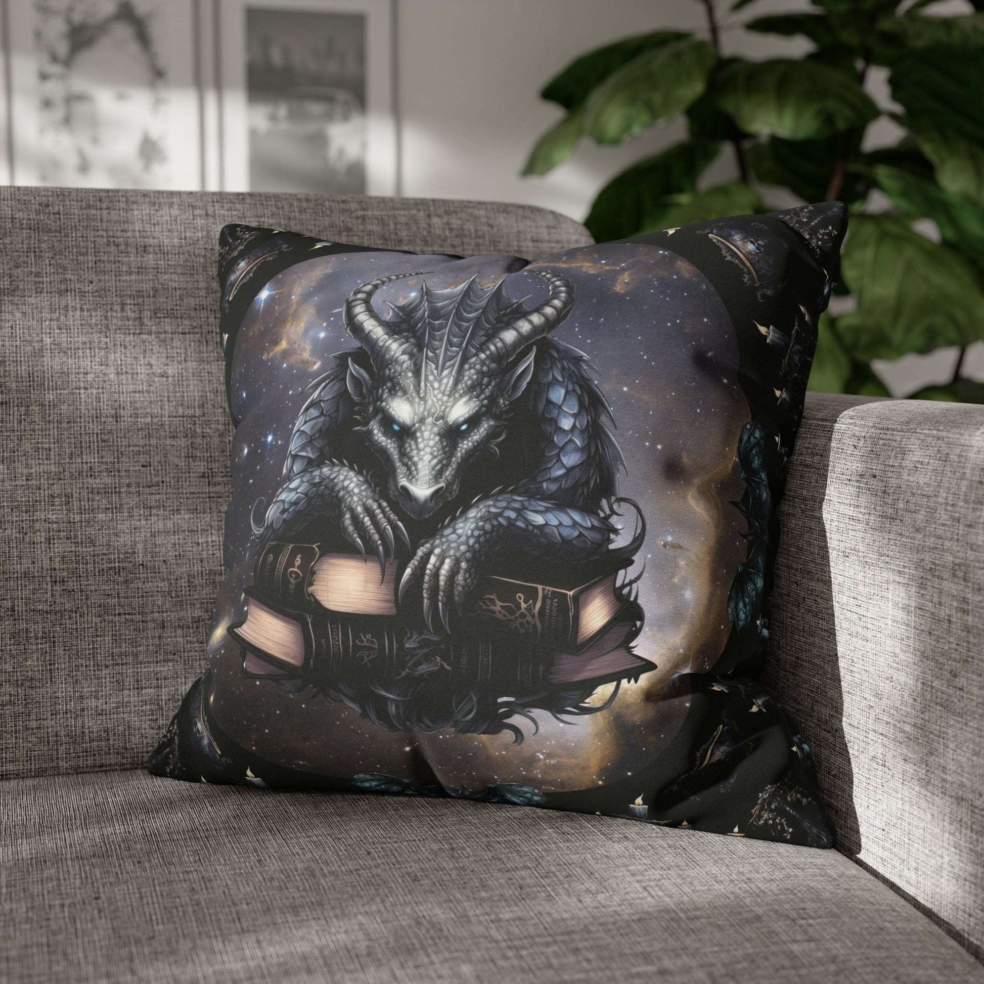 Ethereal Fantasy Style Throw Pillow or Pillowcase | Black Gargoyle Starry Sky Decorative Pillow | Supernatural Themed Home Decor | "Knowledge is Power"