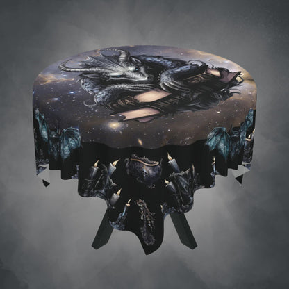 Ethereal Fantasy Style Tablecloth | Black Gargoyle Starry Sky Table Cover | Supernatural Themed Home Decor | "Knowledge is Power"