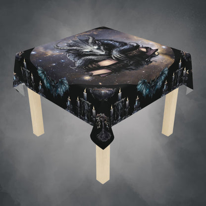 Ethereal Fantasy Style Tablecloth | Black Gargoyle Starry Sky Table Cover | Supernatural Themed Home Decor | "Knowledge is Power"