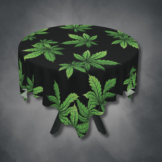 Cannabis Leaf on Black Tablecloth | Marijuana Leaves Kitchen Table Cover |  Weed Themed Home Decor | "Lazy Day"