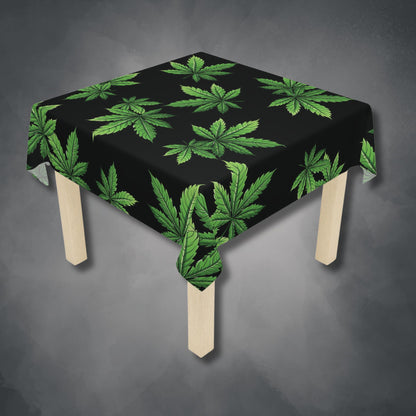 Cannabis Leaf on Black Tablecloth | Marijuana Leaves Kitchen Table Cover |  Weed Themed Home Decor | "Lazy Day"