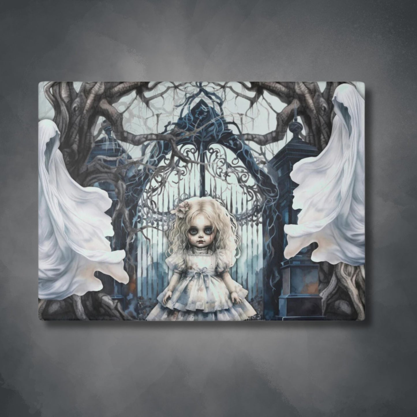 Spooky Gothic Glass Cutting Board | Ghosts Cemetery Scary Little Girl Kitchen Decor | Dark Scary Themed Home Accents | "Let's Play"