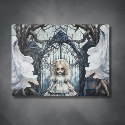 Spooky Gothic Glass Cutting Board | Ghosts Cemetery Scary Little Girl Kitchen Decor | Dark Scary Themed Home Accents | "Let's Play"