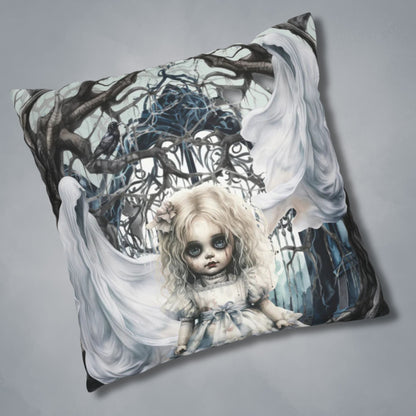 Spooky Gothic Throw Pillow or Pillowcase | Ghosts Cemetery Scary Little Girl Decorative Pillow | Dark Scary Themed Home Decor | "Let's Play"