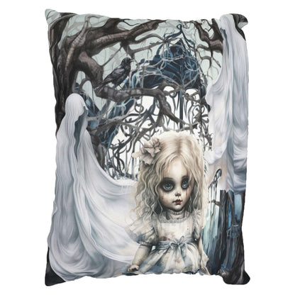 Spooky Gothic Throw Pillow or Pillowcase | Ghosts Cemetery Scary Little Girl Decorative Pillow | Dark Scary Themed Home Decor | "Let's Play"