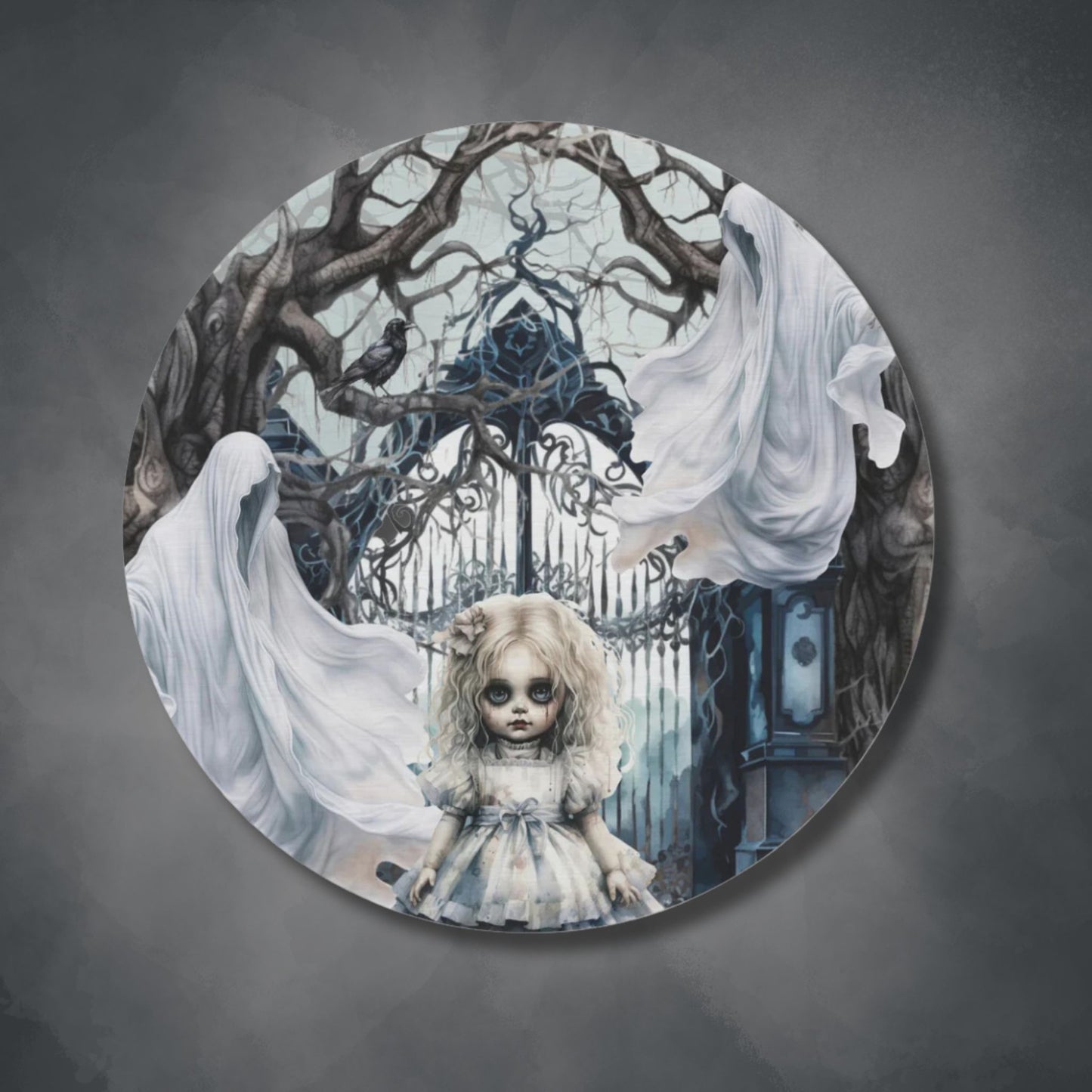 Spooky Gothic Round Accent Rug | Ghosts Cemetery Scary Little Girl Area Rug | Dark Scary Themed Home Decor | "Let's Play"