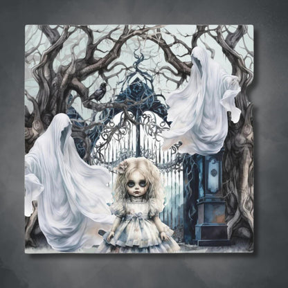 Spooky Gothic Tablecloth | Ghosts Cemetery Scary Little Girl Table Cover | Dark Scary Themed Home Decor | "Let's Play"