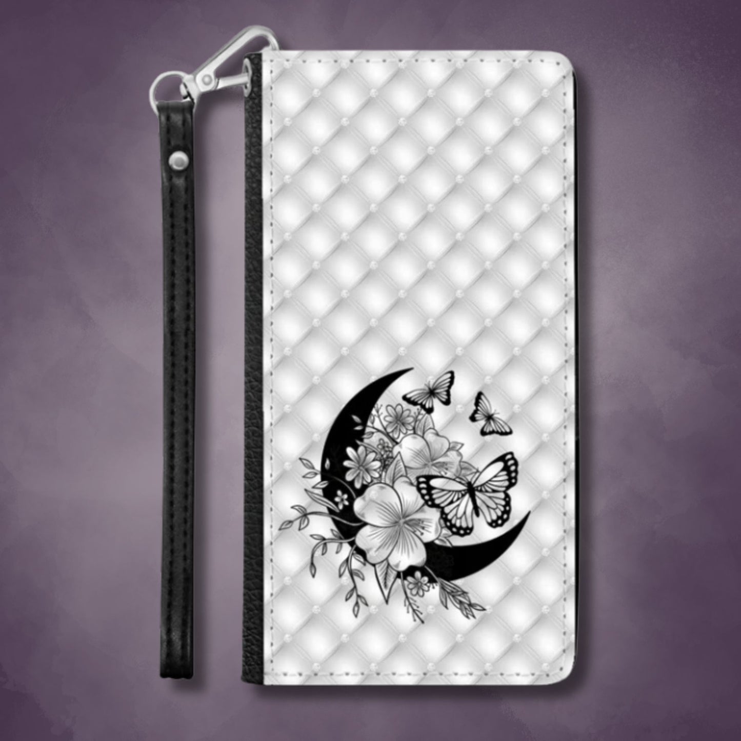 Silver Tuft Pattern Wallet Phone Case | Moons Flowers Butterflies Phone Cover| Stylish Nature Themed Phone Accessories | "Moonflower Butterfly"