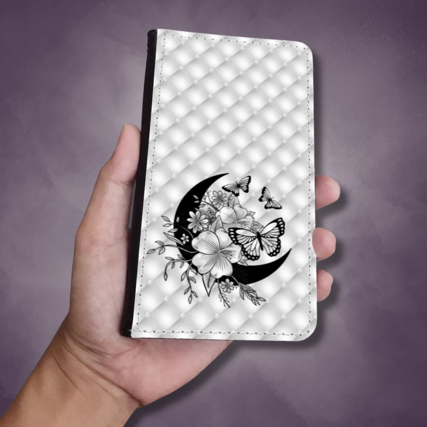 Silver Tuft Pattern Wallet Phone Case | Moons Flowers Butterflies Phone Cover| Stylish Nature Themed Phone Accessories | "Moonflower Butterfly"