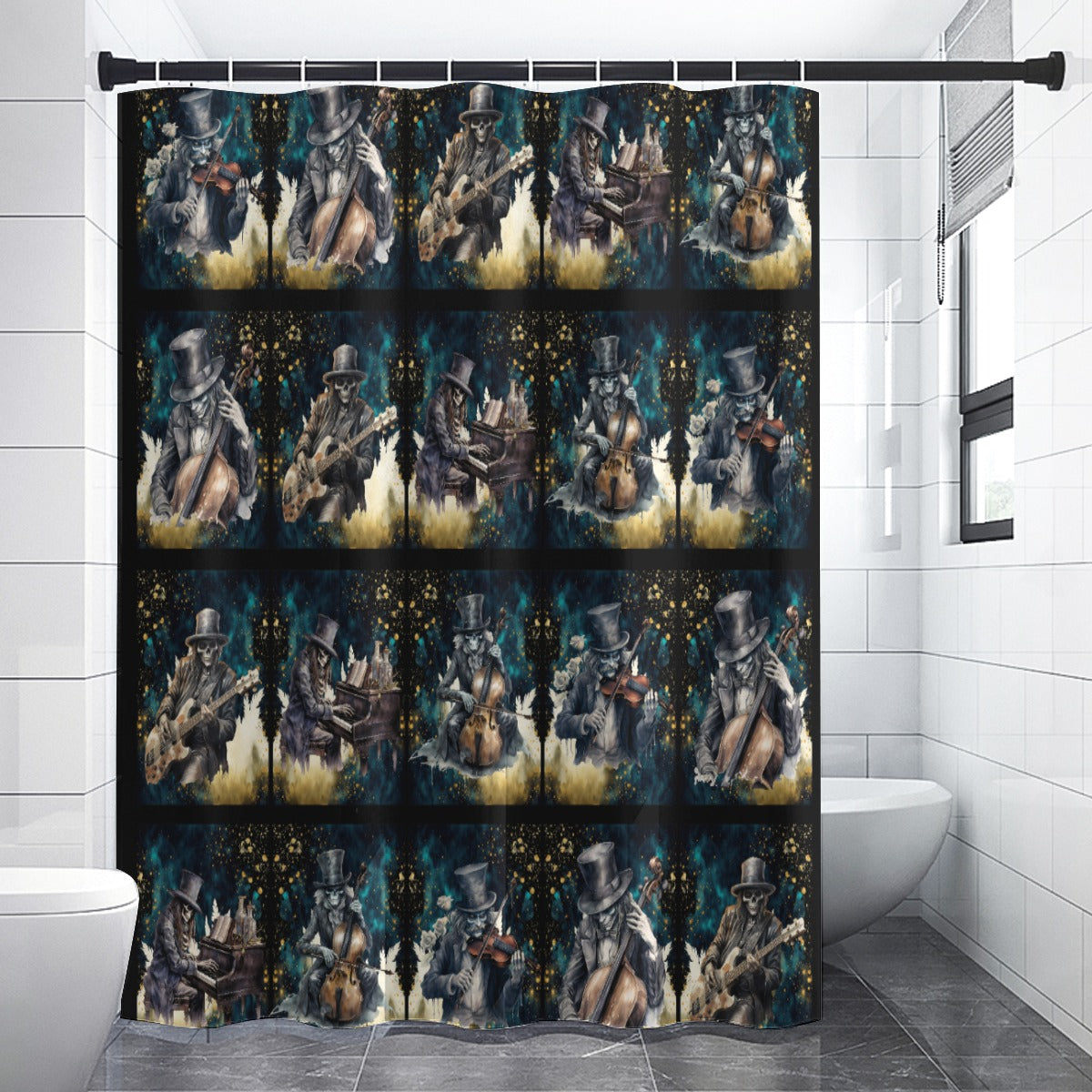 Skeleton Rock Band Shower Curtain | Ghostly Music Bathroom | Rock & Roll Death Themed Bath Decor | "Music Man"