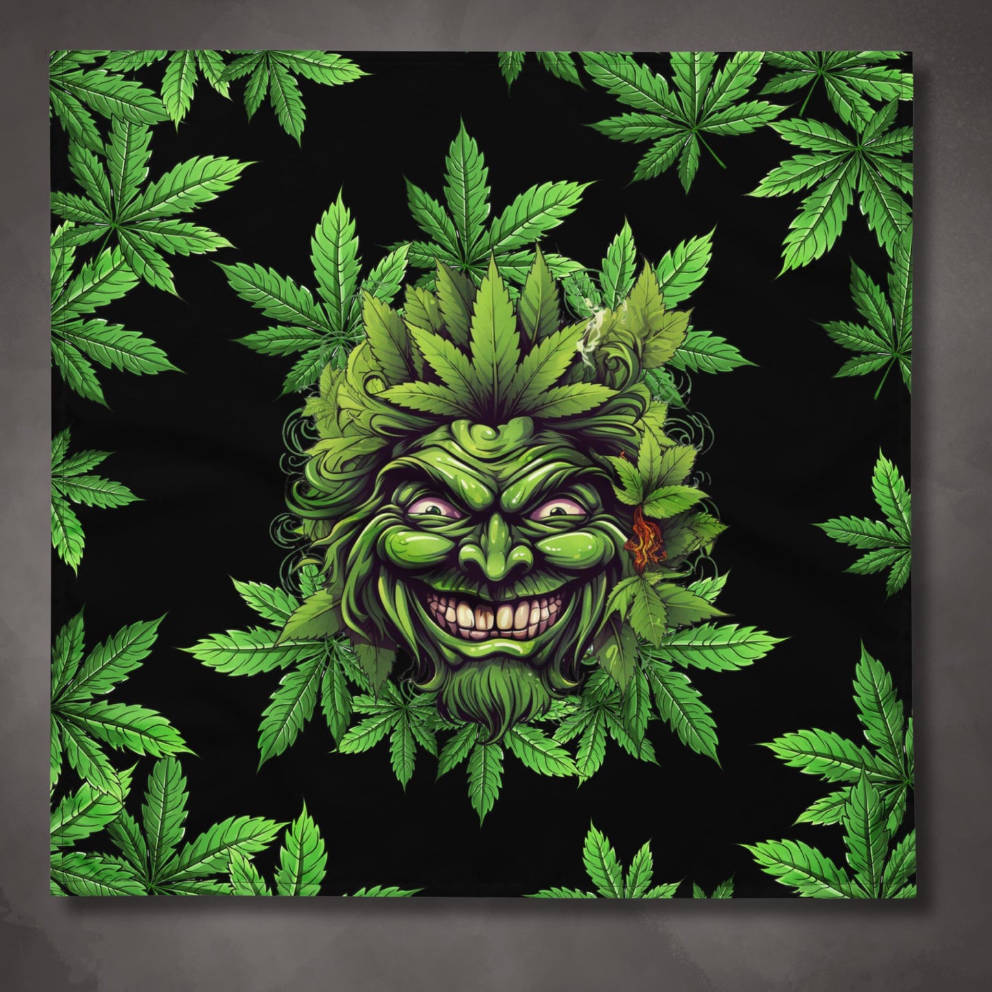 Weed Leaves and Face on Black Altar Cloth | Herbal Style Tarot Cloth | Cannabis Themed | "Pot Head"