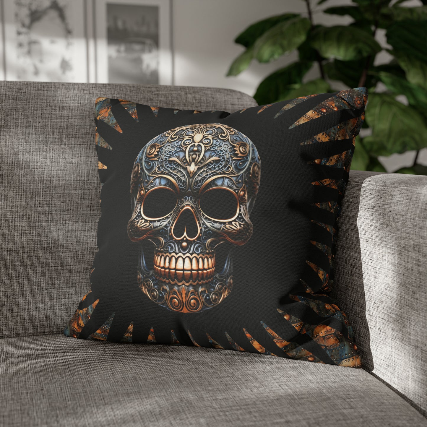 Steampunk Metal Skull on Black Throw Pillow or Pillowcase | Horror Steampunk Decorative Pillow | Skull Themed Home Decor | "Steel Sardonicism"