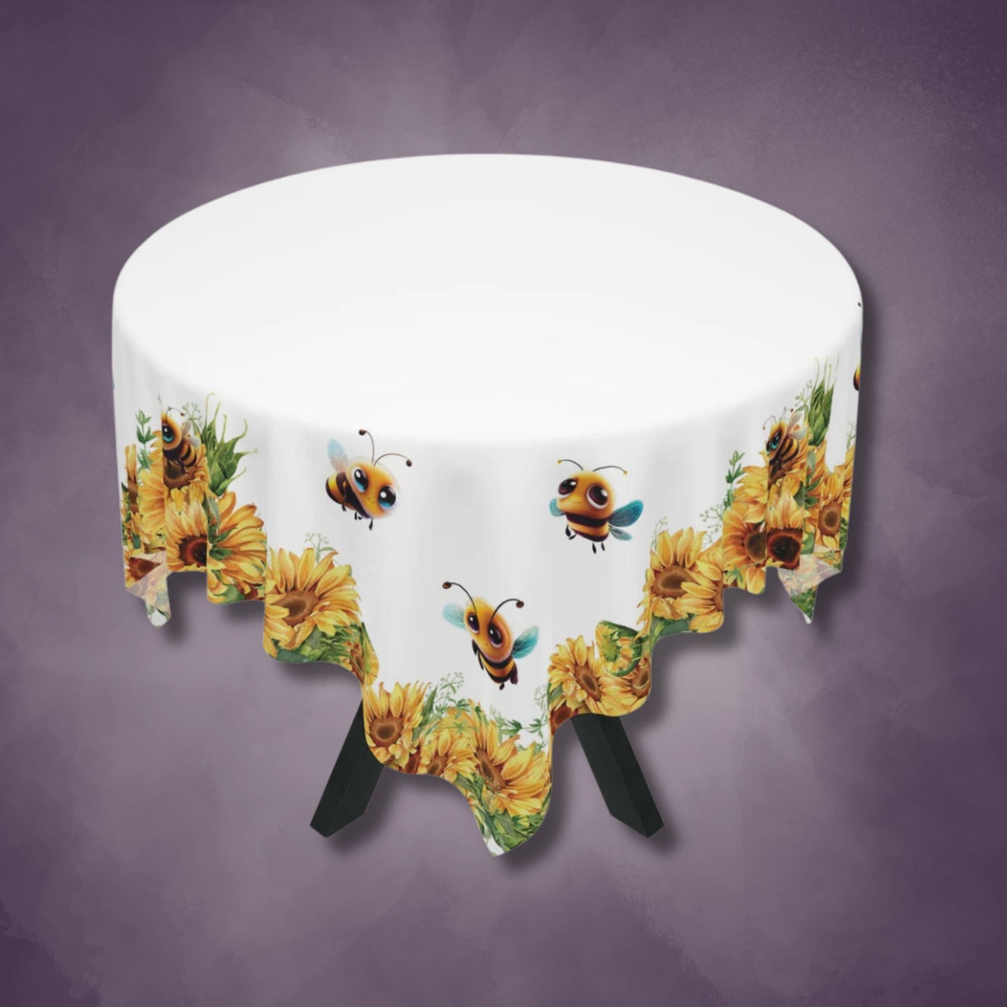 Spring Summer Tablecloth | Honeybees Sunflowers Table Cover | Bees and Flowers Themed Home Decor | "Sunflowers a'Buzzin"