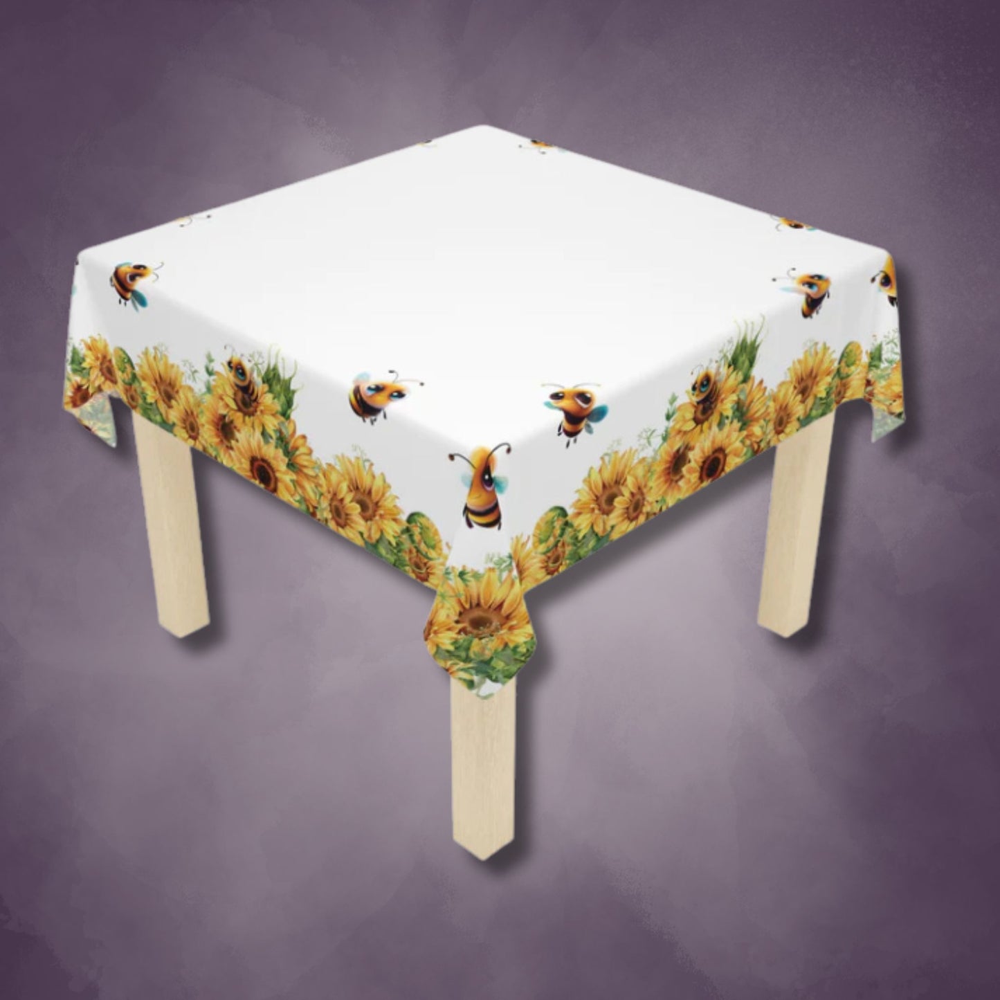 Spring Summer Tablecloth | Honeybees Sunflowers Table Cover | Bees and Flowers Themed Home Decor | "Sunflowers a'Buzzin"