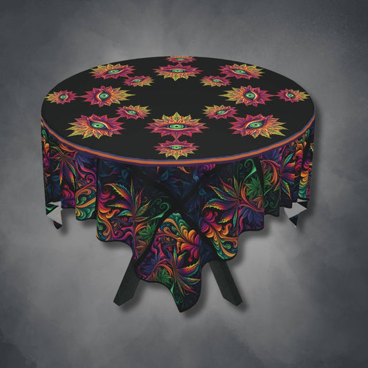 Cannabis with Eyes on Black Tablecloth | Herbal Enlightenment Psychedelic Style Table Cover | Weed Themed Home Decor | "Third Eye"