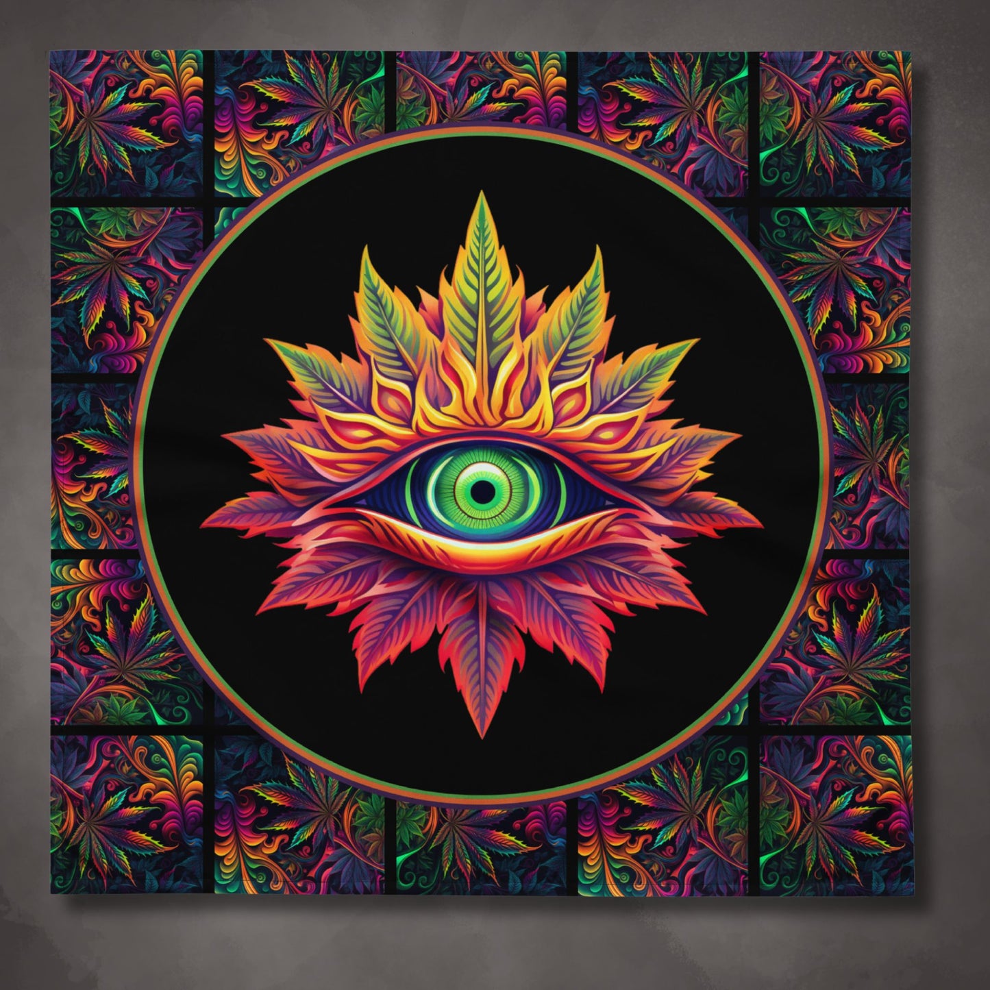 Cannabis with Eyes on Black Altar Cloth | Herbal Enlightenment Psychedelic Style Tarot Cloth | Weed Themed | "Third Eye"