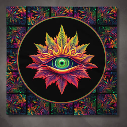 Cannabis with Eyes on Black Altar Cloth | Herbal Enlightenment Psychedelic Style Tarot Cloth | Weed Themed | "Third Eye"