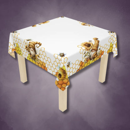 Honeycomb Sunflowers Tablecloth | Gnomes Honeybees Table Cover | Spring Summer Themed Home Decor | "UnbeeGnomes to Me, Honey"