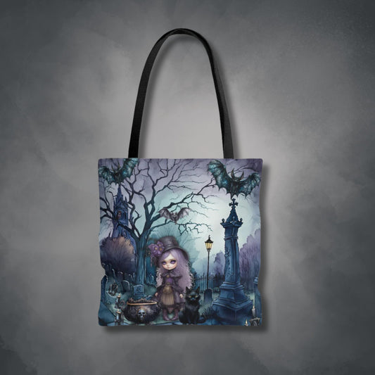 Dark Spooky Tote Bag | Witch Cemetery Black Cat Shopping Bag | Dark Scary Themed Accessories | "Witch Amongst the Dead"