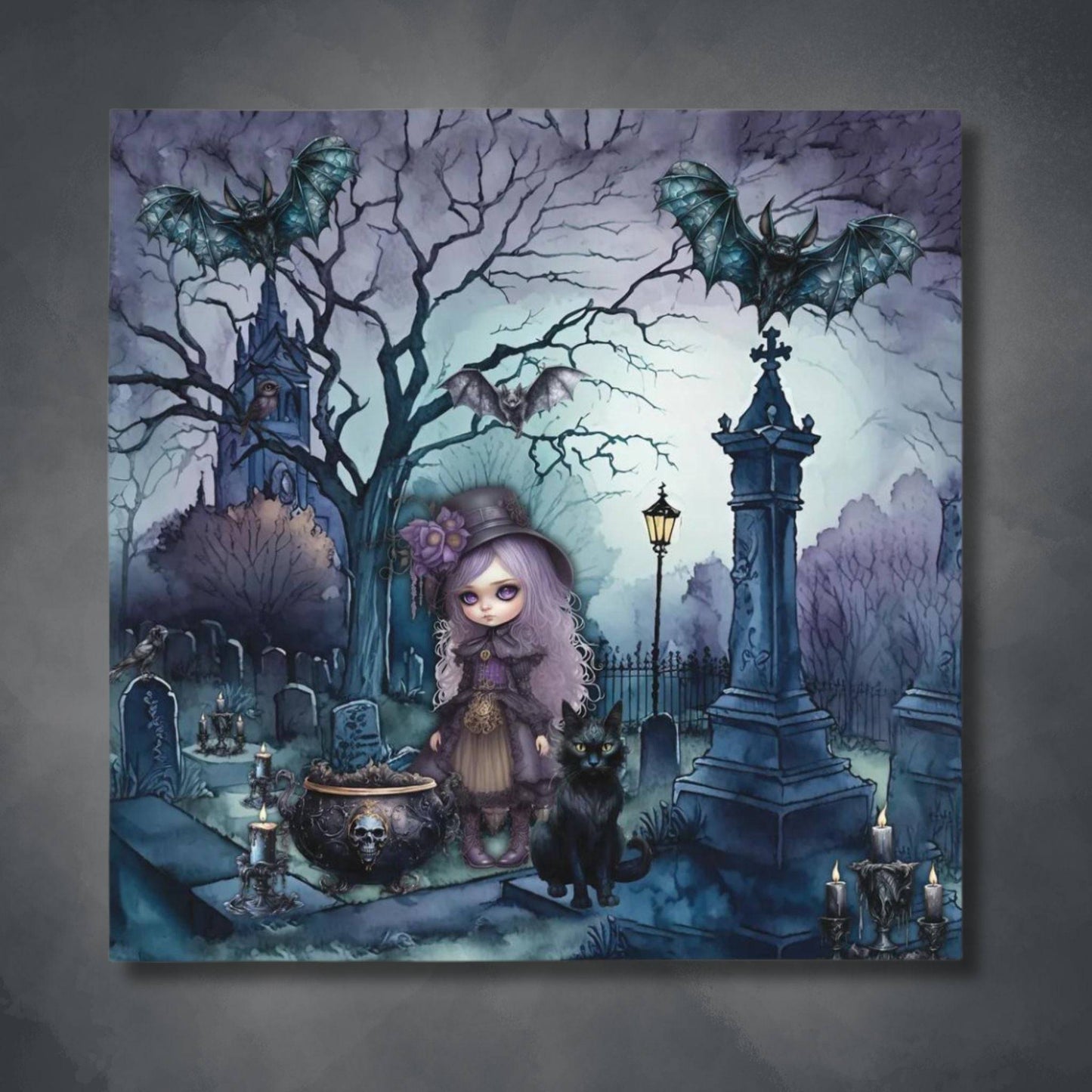 Dark Spooky Tablecloth | Witch Cemetery Black Cat Table Cover | Dark Scary Themed Home Decor | "Witch Amongst the Dead"